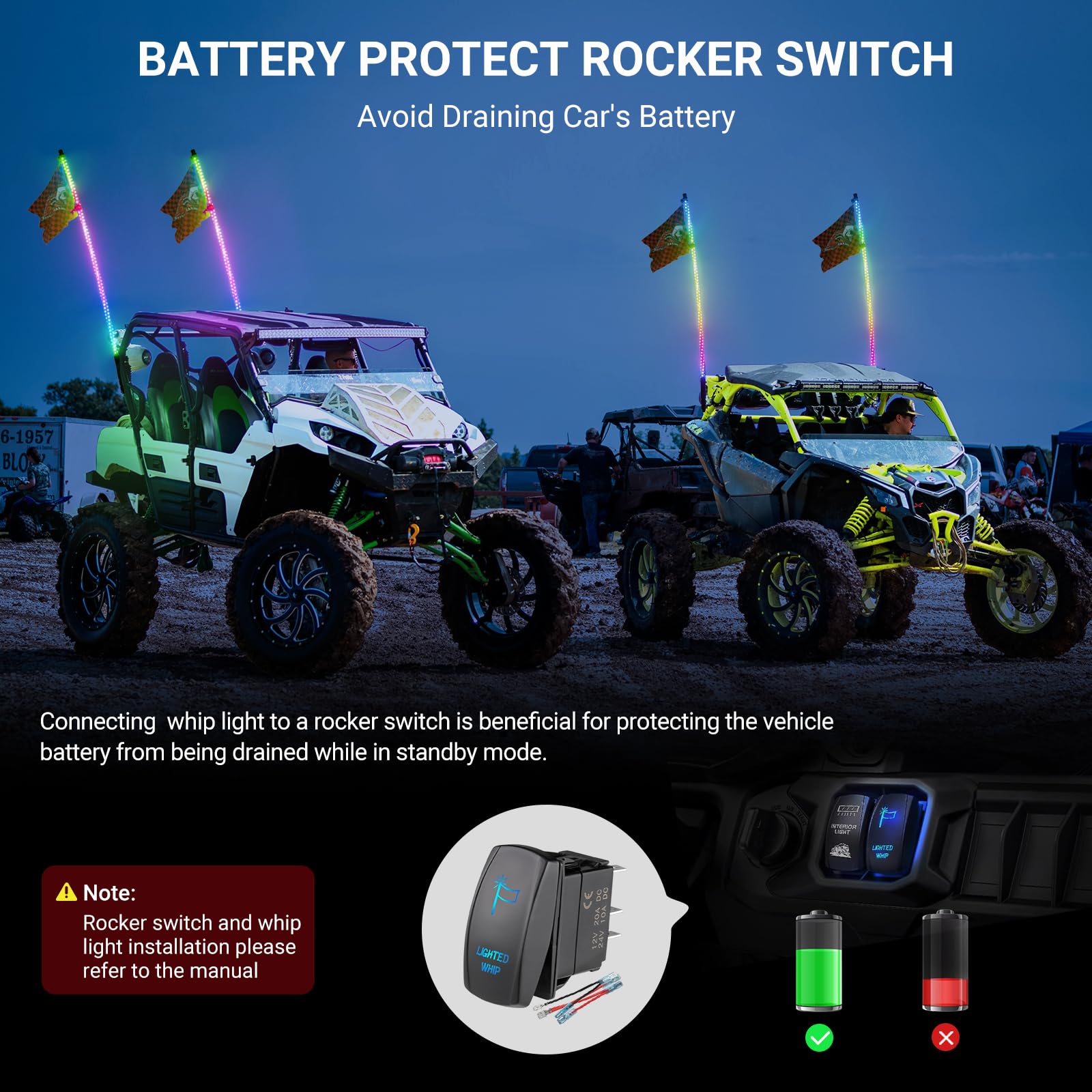 3FT/4FT RGB Chasing Color LED Whip Lights with 5 Pin WHIP LIGHT Rocker  Switch for ATV UTV